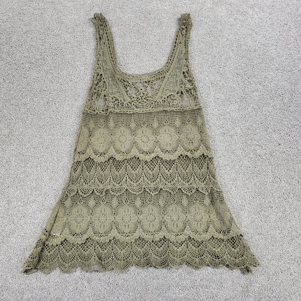 Laffaire Womens Crochet Tank Top XS Green Tiered Lace V-Neck Sleeveless Tunic